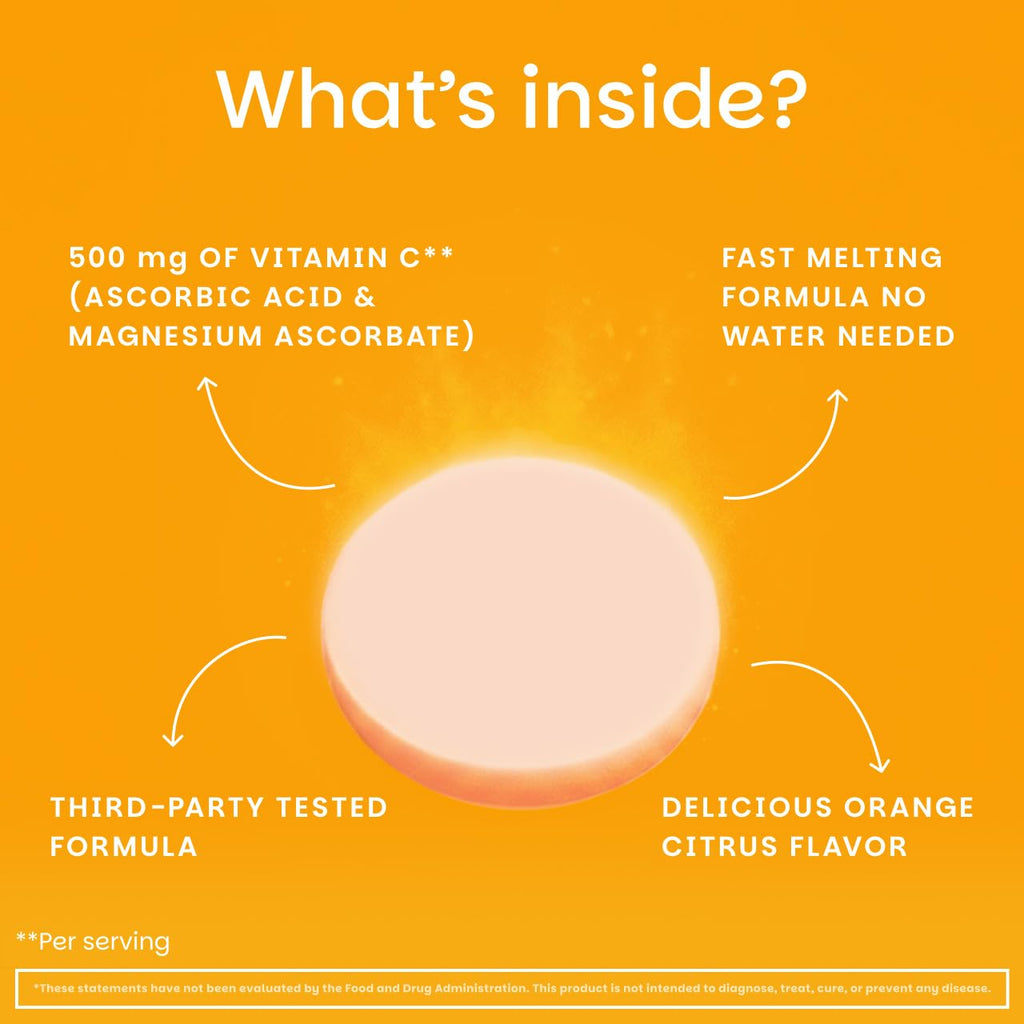 EZ Melts Vitamin C - Daily Vitamin for Antioxidant & Immune Support - No Artificial Flavors - Non-GMO & Sugar-Free - Orange Citrus - 60 Dissolvable Tablets (30 Servings)