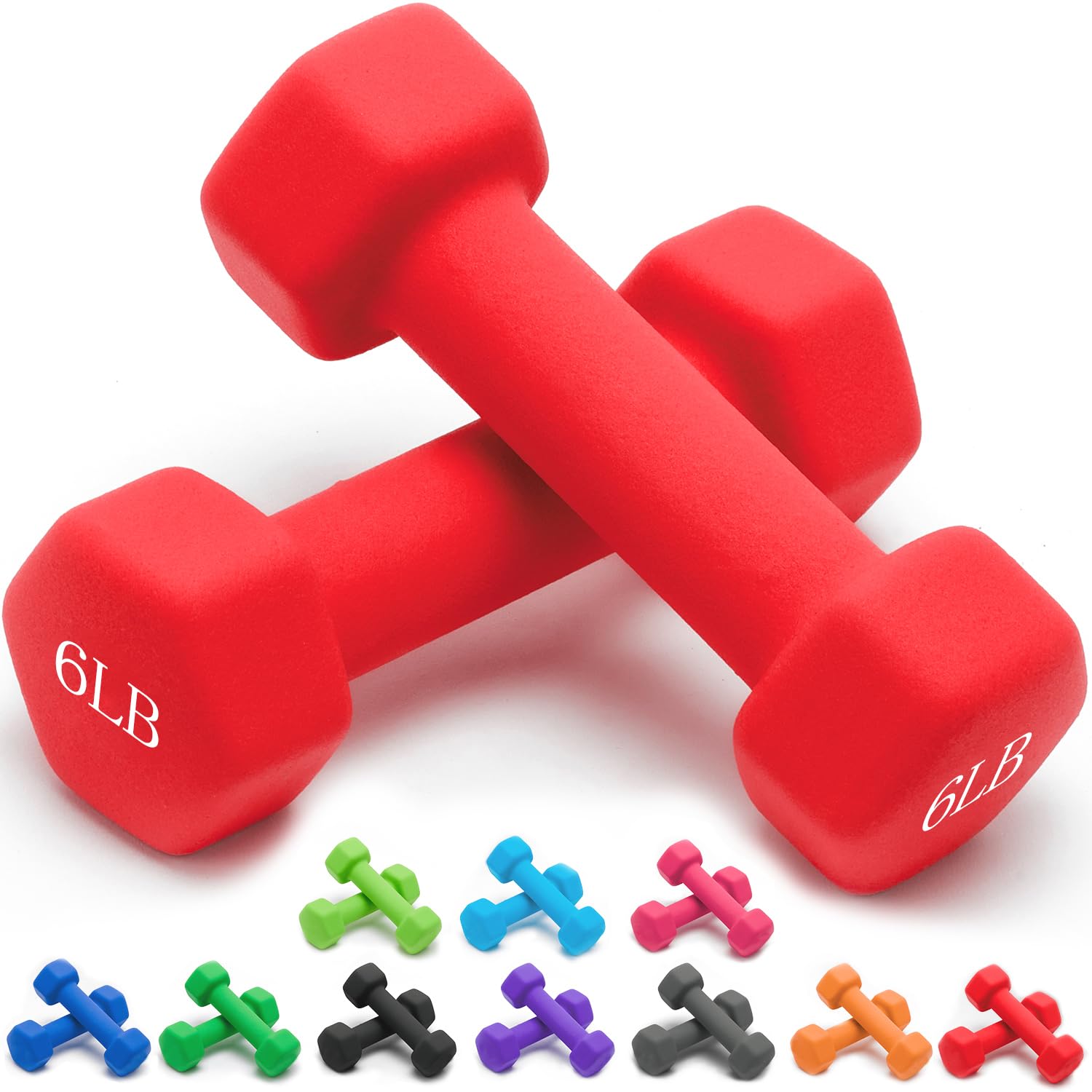 Portzon Rubber Encased Hex Dumbbell Hand Weights, Anti-Slip, Anti-roll , 6-Pound (Set of two)