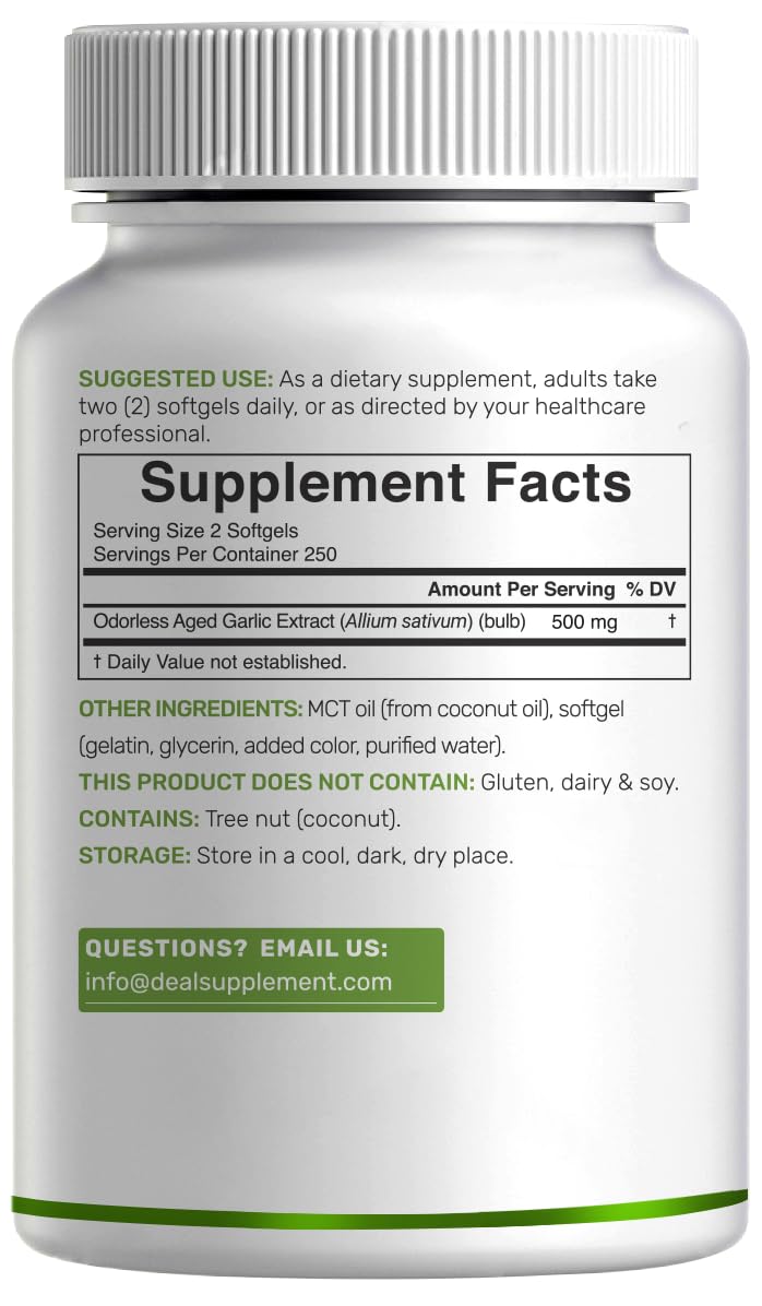 Odorless Aged Garlic, 500 Softgels – Enhanced with MCT Oil - Fresh Allium Sativum Bulb Source – 2-Years Aged Garlic Extract – Non-GMO, cGMP Manufactured