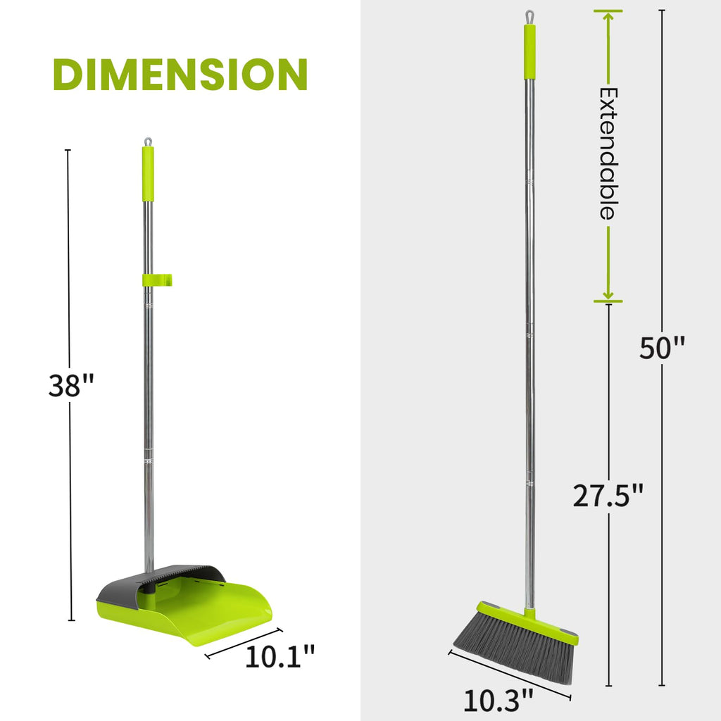 Broom and Standing Dustpan Set 50” Angle Broom with Long Handle Dust Pans for Kitchen Classroom Office Floor Sweeping-Green