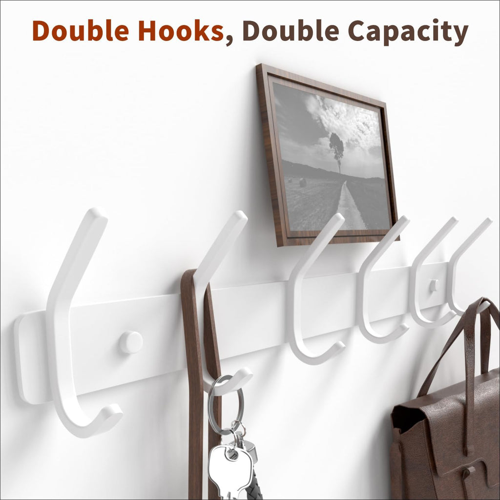 GWAAZXGZ Coat Rack Wall Mount Hooks - 15 Inch Matte White Metal 6-Hook Organizer Wall Mounted, Modern Kids Room, Entryway & Bathroom Hanger for Beach Towels, Coats, Purses, Bags (2 Pack)