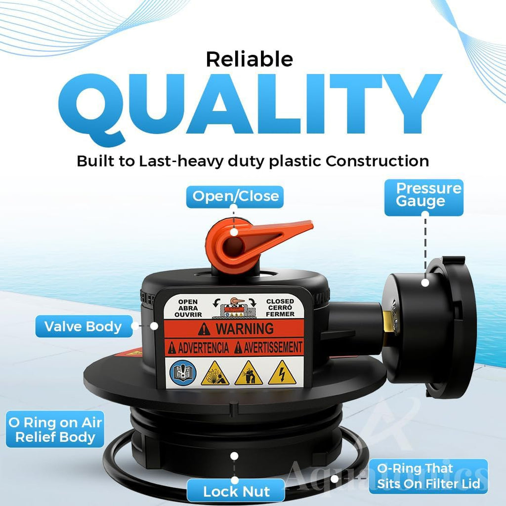 Aquatonics Replacement DEX2420MAR2 Manual Air Relief Valve Assembly with Pressure Gauge and O-Rings - Compatible with Hayward Pro Grid DE Filters, SwimClear Cartridge Filters - 1 Year Warranty
