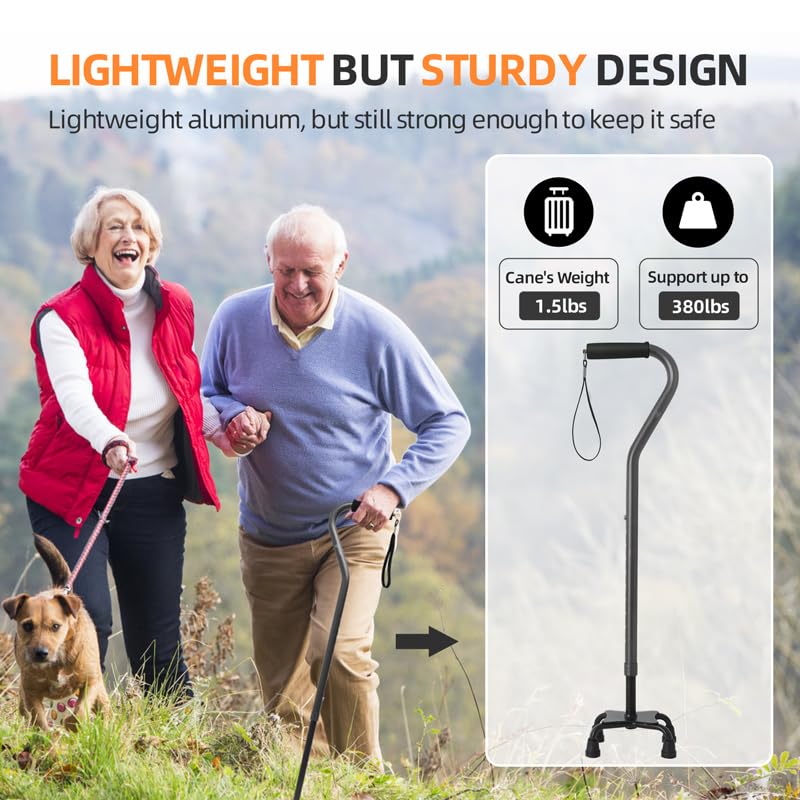 BeneCane Quad Cane Adjustable Walking Cane with Offset Soft Cushioned Handle for Men & Women Lightweight Comfortable with 4-Pronged feet for Extra Stability(Black)