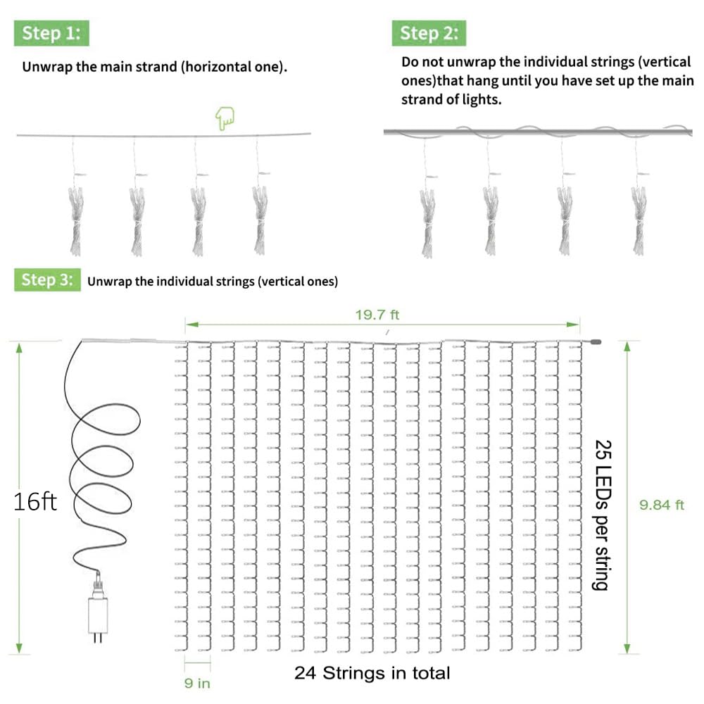 Solhice LED Curtain Lights Outdoor 20ft x10ft, 600 LED Plug in Hanging String Lights Indoor Bedroom, Twinkle Light Backdrop for Outside Wedding Decor, Warm White (Not Connectable)