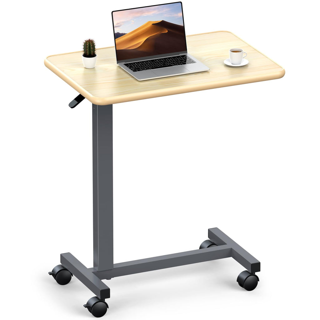 WOTURE Adjustable Overbed Table with Wheels, Bedside Rolling Table, Pneumatic Height Adjustment, Hospital Bed Table on Wheels, Standing Desk, Bedridden & Mobility Needs, Maple