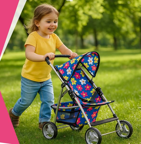 fash n kolor® - Doll Stroller My First Baby Doll Strollers Toy - Flower Design with Basket in The Bottom - Dolls to Play Baby Doll Stroller for Girls, Toddler Play Toy Doll Buggy Carriage Foldable