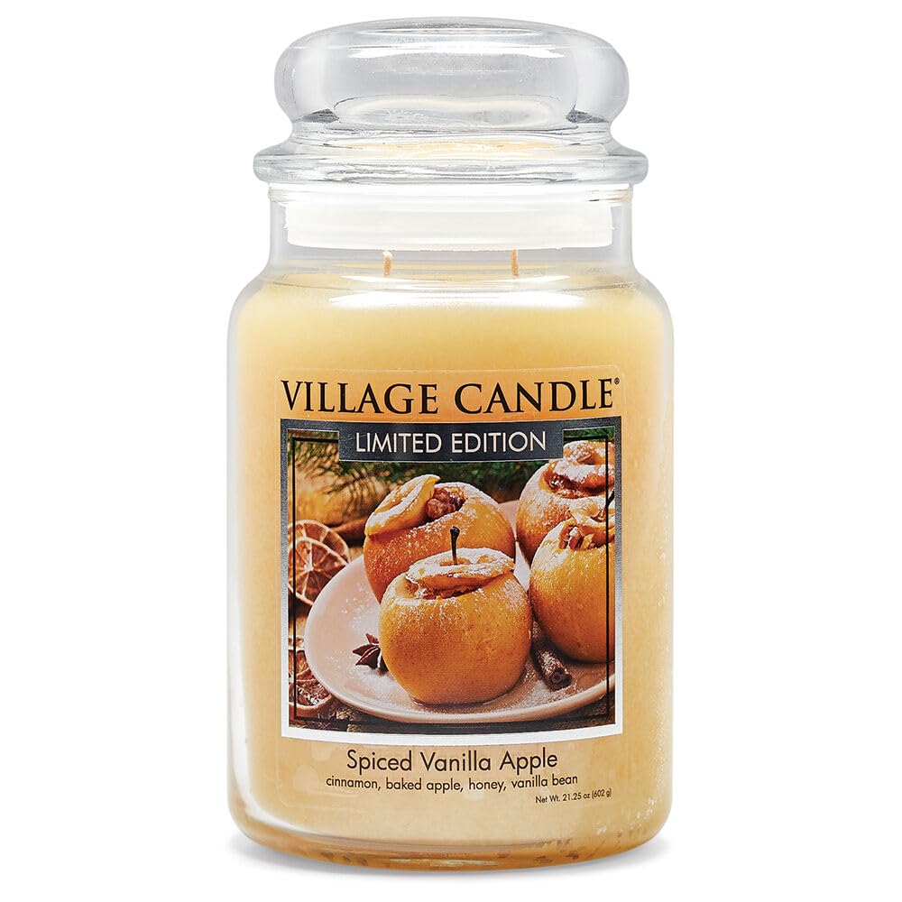 Village Candle Spiced Vanilla Apple Large Apothecary Jar Candle, 21.25 oz | Dual lead-free wicks for even burn; Warm spiced apple & vanilla notes; Longer-lasting, consistent fragrance; Made in the USA