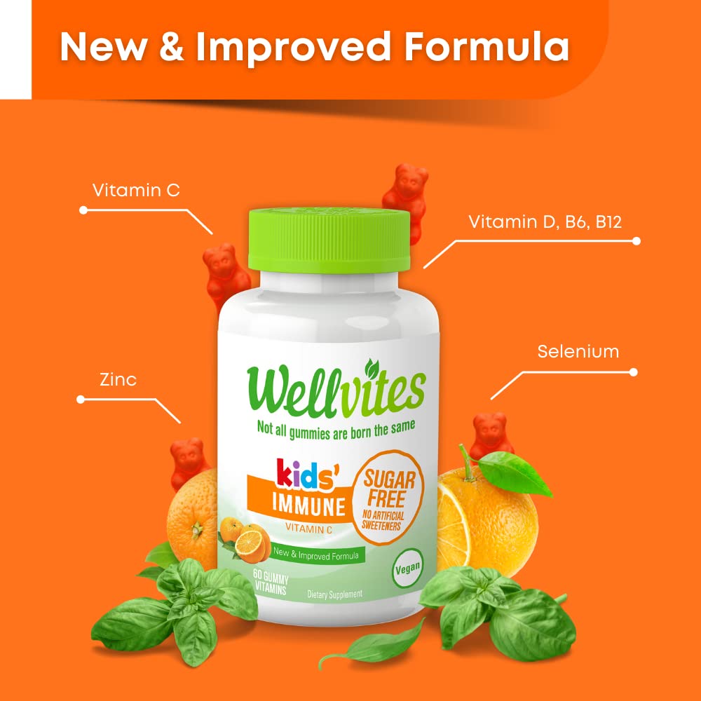 Wellvites Sugar Free Kids Immune Daily Gummy Vitamins - Vegan, Non-GMO - Vitamin C Gummies for Kids Immune Support, No Artificial Sweeteners, Gluten-Free, Gelatin-Free, 60 Count (30 Day Supply)