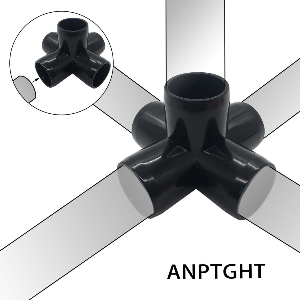 ANPTGHT 3/4“ Tee PVC Fitting 5 Way Elbow Connector, Furniture Grade 90 Degree Elbow Side Outlet, PVC Corner Fittings for Building Furniture Greenhouse Shed Tent Connection (Black-Pack of 8)