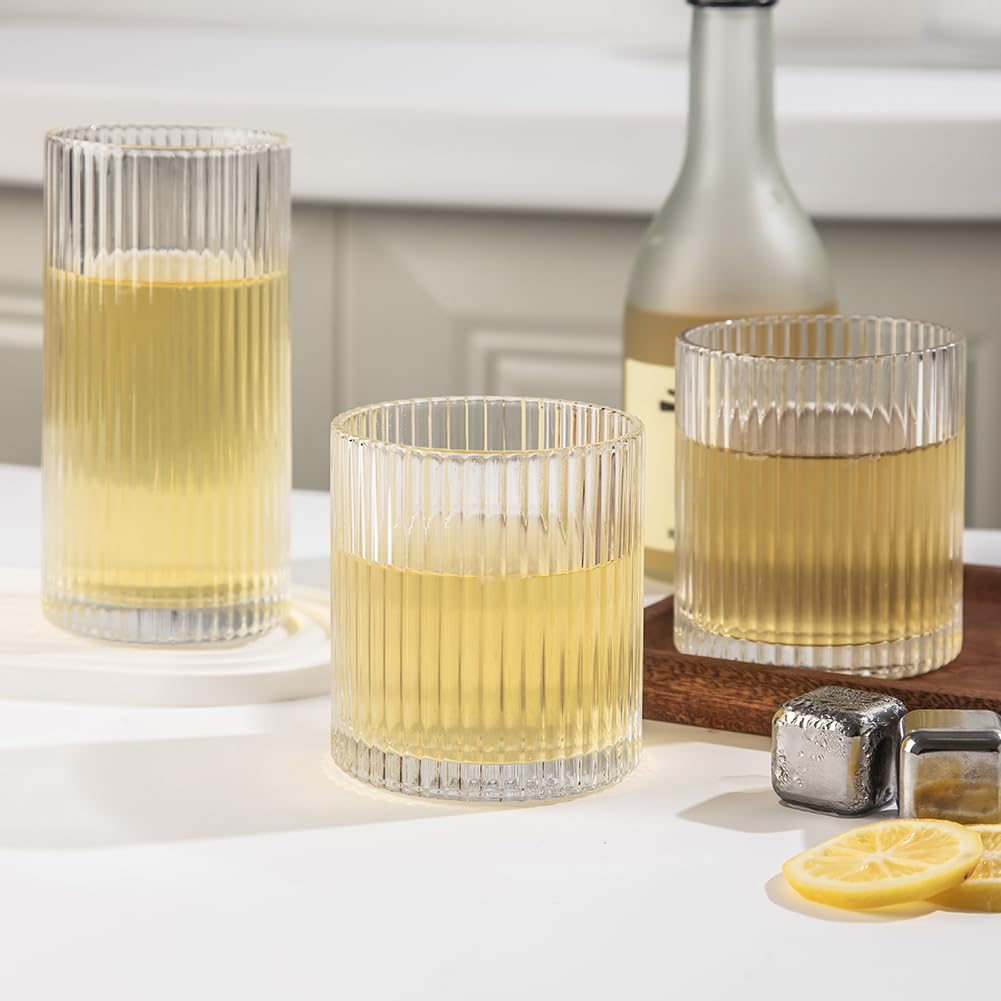 Lumkit Ribbed Drinking Glasses 8pcs, 12oz and 10oz Glassware, Tumbler Glasses Cup Set for Wedding, Party, Christmas Gift, Clear