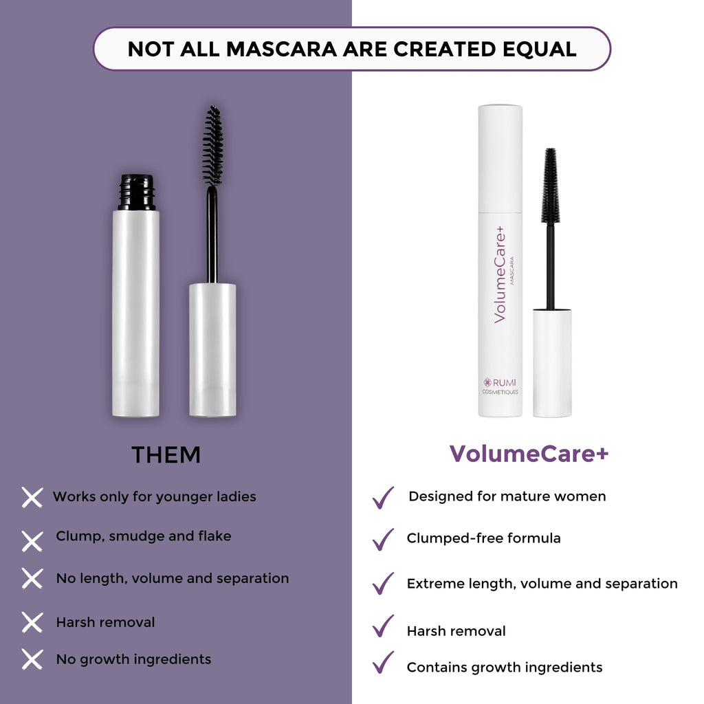 Rumi Cosmetiques VolumeCare+ Mascara For Mature Women - Extreme Length and Volume 2-in-1 Formula - No Clumps or Flaking, Long-Wearing, Hypoallergenic Mascara For Sensitive Eyes (Natural Black)