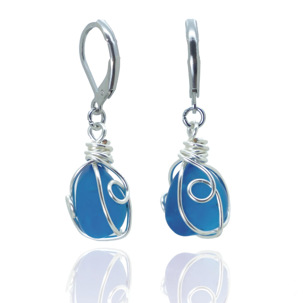 Sea Glass Earrings Sterling Silver - PEPELUALI Handmade Wire Wrap Drop Earrings Cornflower Blue Beach Jewelry Summer Gifts for Women