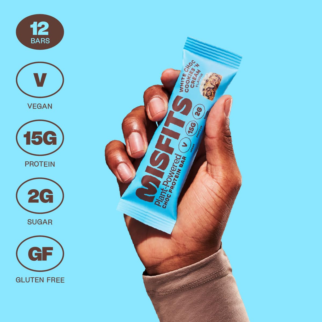 Misfits Vegan Protein Bar, High Protein, Low Sugar, Gluten Free, Plant Based Protein Bar, 12 Pack (Cookies And Cream)