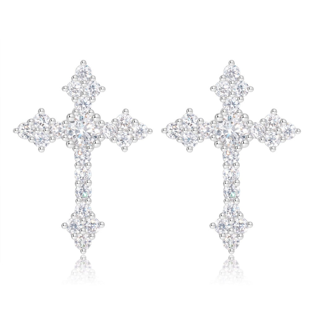 Moissanite Cross Earrings for Men Women, 0.5 Carats 18k Gold Plated Sterling Silver Cross Stud Eearrings D Color VVSI Moissanite Stud Earrings Crucifix Jewelry (Silver)
