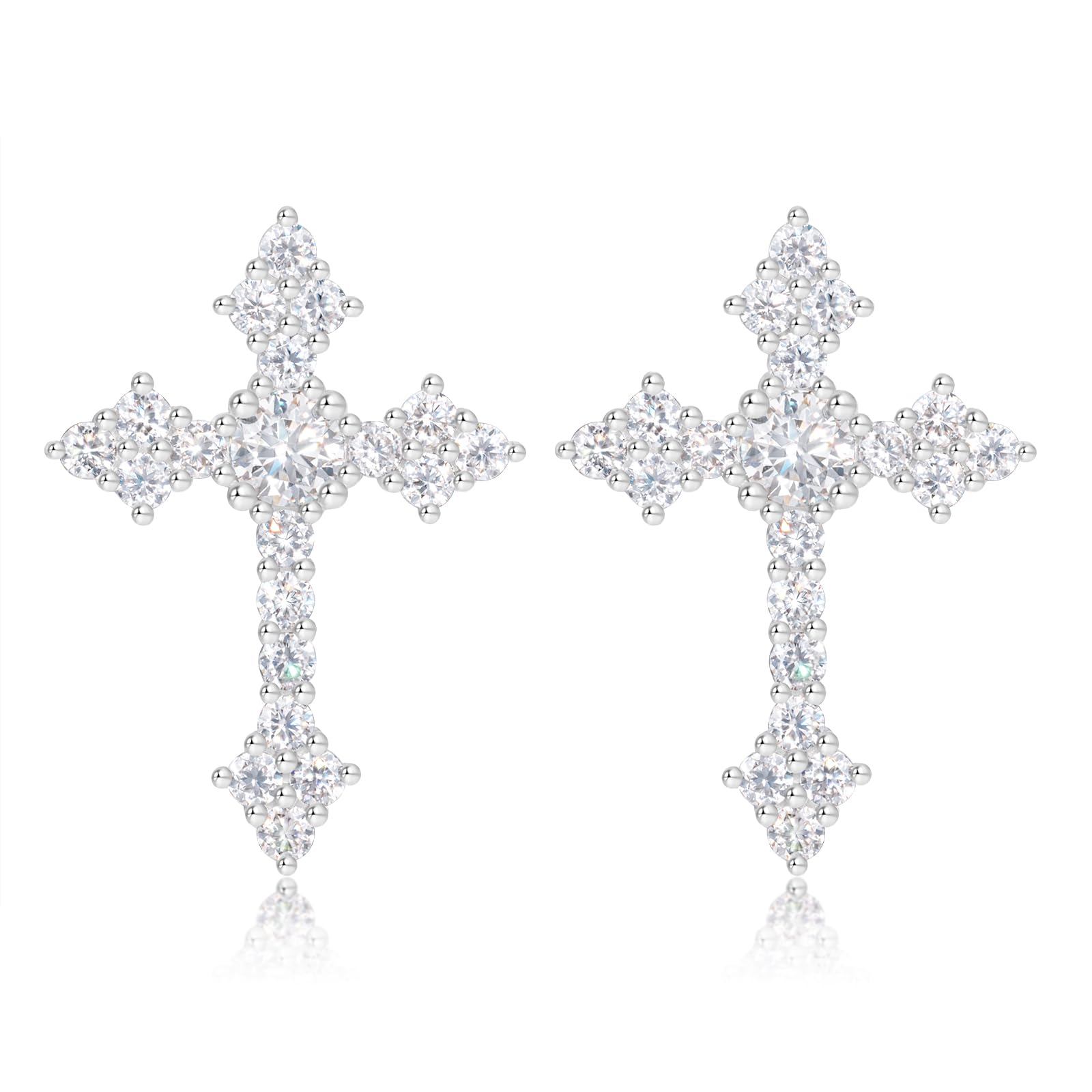 Moissanite Cross Earrings for Men Women, 0.5 Carats 18k Gold Plated Sterling Silver Cross Stud Eearrings D Color VVSI Moissanite Stud Earrings Crucifix Jewelry (Silver)