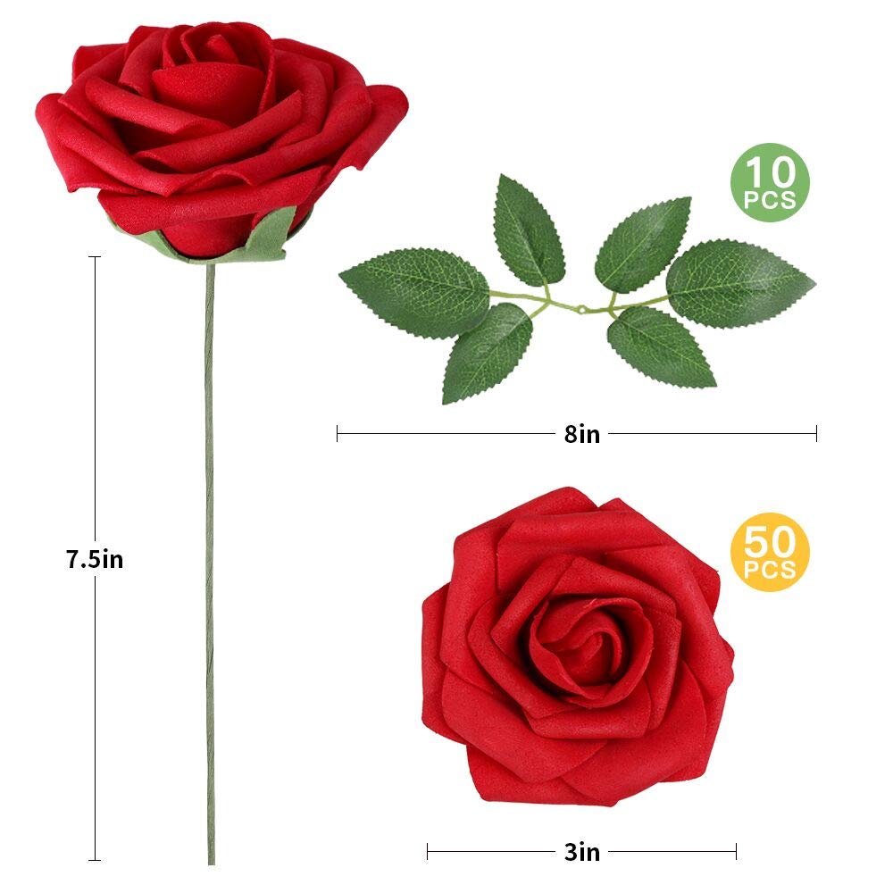AmyHomie Dark Red Rose 50pcs Real Looking Artificial Flowers w/Stem