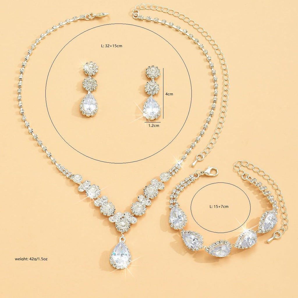 Paxuan Silver / Gold Rhinestone Crystal Wedding Bridal Bridesmaids Earrings Bracelet Set for Women Brides Bridesmaids Crystal Rhinestone Jewelry Set for Wedding Bridal Prom Pageant (Style2 - Necklace + Earrings + Bracelet(Silver Plated White Cubic Zirconi