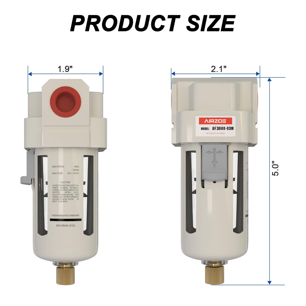 AIRZOE 3/8" NPT Air Dryer for Compressor - Air Compressor Water Separator AF3000-03, Semi-Auto Drain,5 Micron Brass Element, Poly Bowl