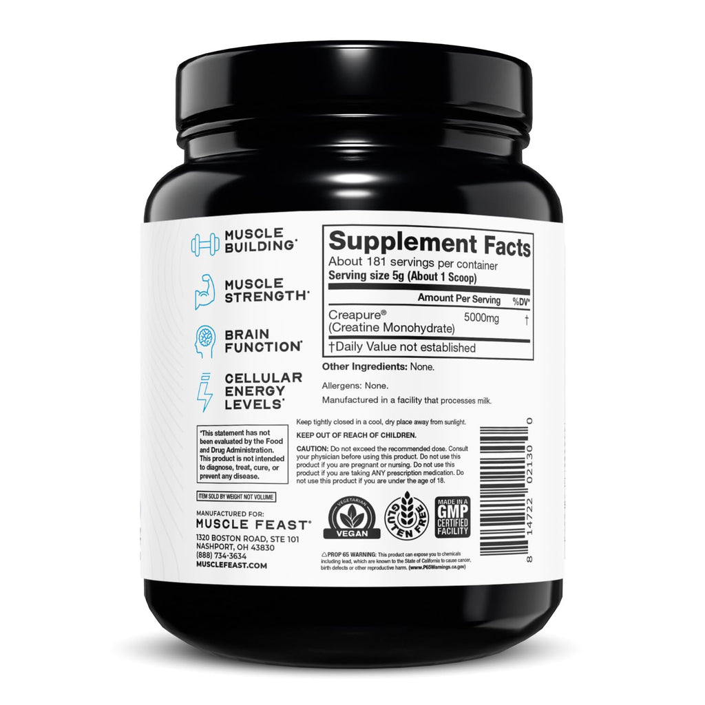 Muscle Feast Creapure Creatine Monohydrate Powder, Vegan Keto Friendly Gluten-Free, Mass Gainer, Muscle Recovery Supplement and Trusted Creatine for Muscle Growth, Creatine Powder, Unflavored, 2lb