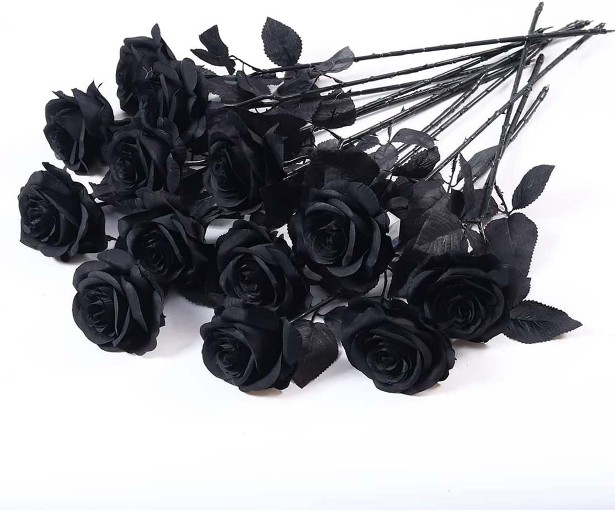 Laelfe Halloween Black Roses Artificial Flowers, 12 PCS Fake Silk Flower Long Stem Artificial Rose for Home Wedding Party Decorations(Black Halloween)