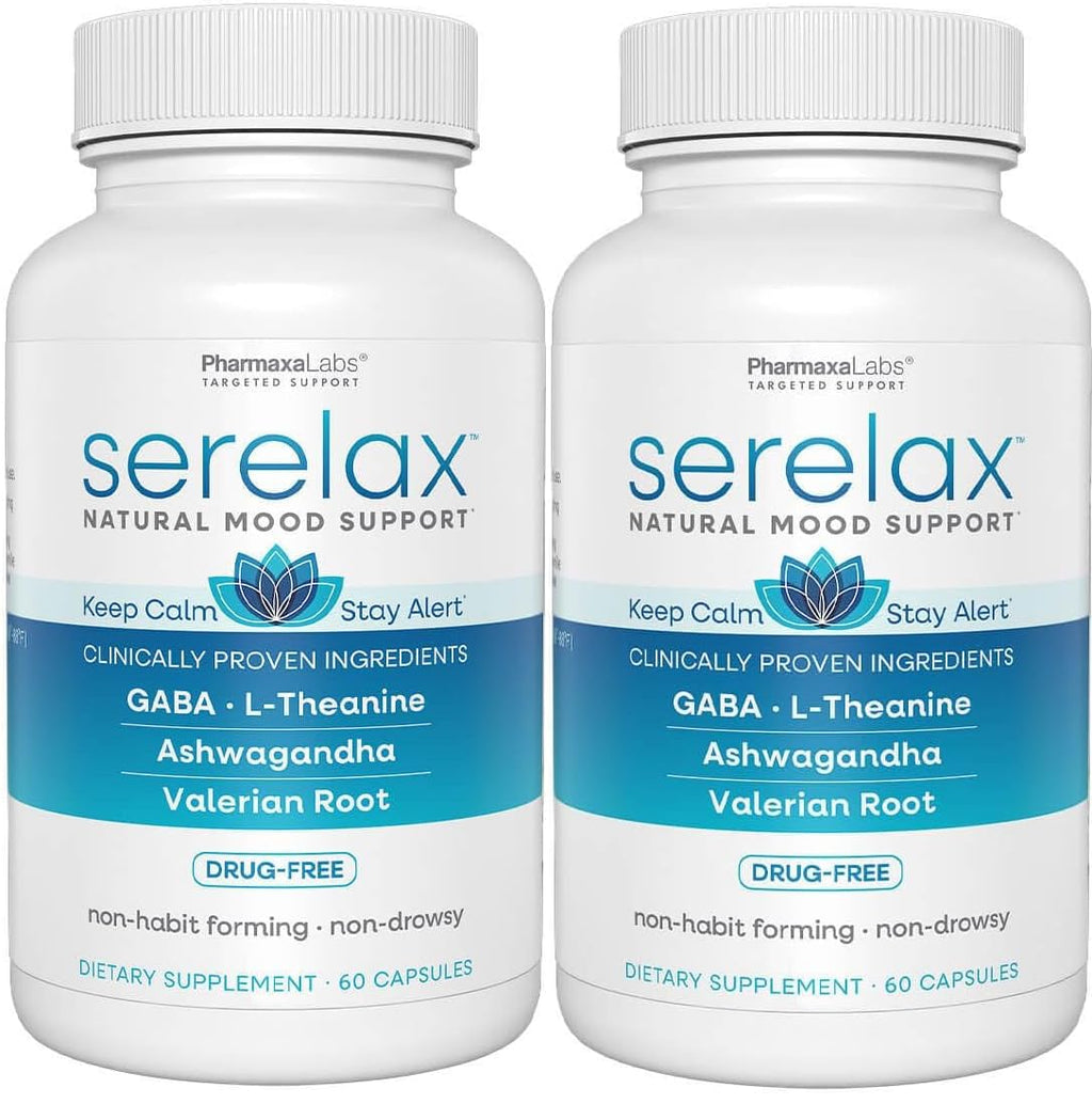 Serelax - Stress Relief Supplement - Supports Mood & Mental Focus - Feel Calm and Relaxed - Eases Tension & Nervousness - Ashwagandha, GABA, Valerian & L-Theanine - 60 Capsules (Pack of 2)