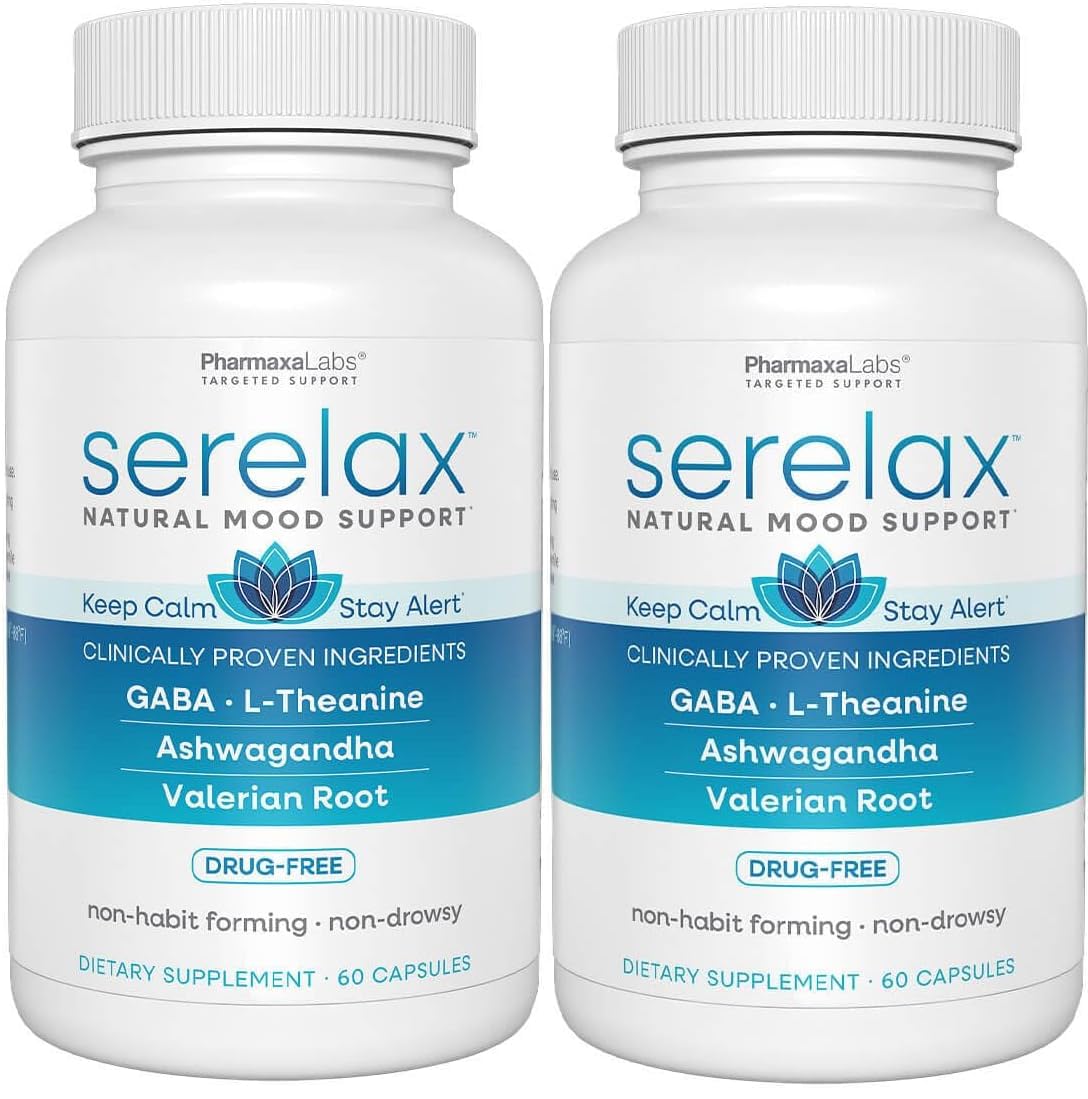 Serelax - Stress Relief Supplement - Supports Mood & Mental Focus - Feel Calm and Relaxed - Eases Tension & Nervousness - Ashwagandha, GABA, Valerian & L-Theanine - 60 Capsules (Pack of 2)
