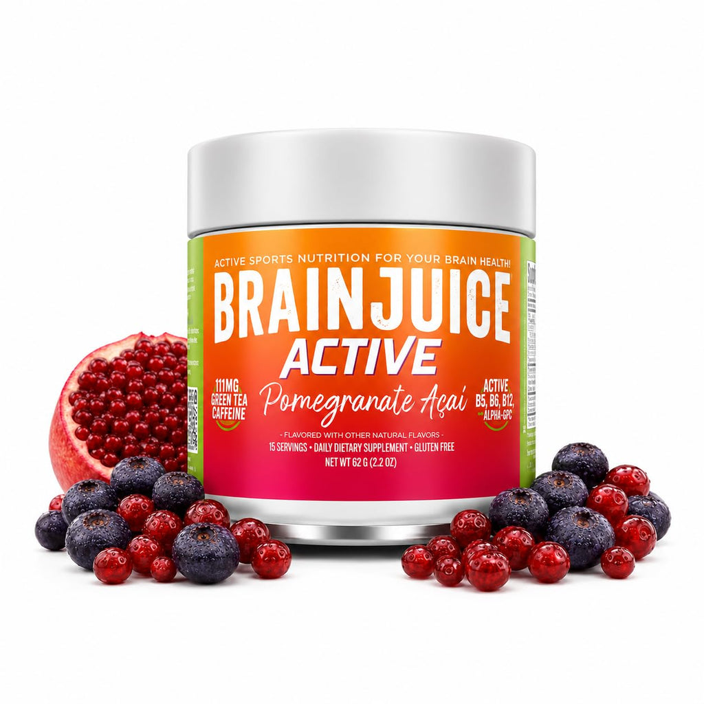 BrainJuice Nootropics Brain Support Supplement, Gluten Free Powder for Energy and Focus, Drink Mix with L Theanine, Alpha GPC, Vitamin B, Organic Green Tea Extract (Active Pomegranate Acai)