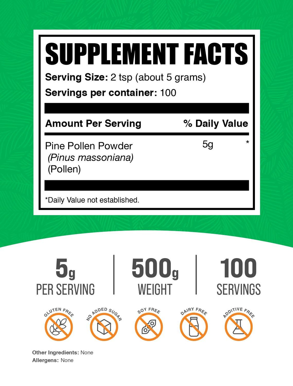 BulkSupplements.com Pine Pollen Powder - Broken Cell Wall, Pine Pollen Supplement, Herbal Supplement - Gluten Free, 5g per Serving, 500g (1.1 lbs) (Pack of 1)