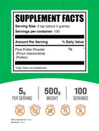 BulkSupplements.com Pine Pollen Powder - Broken Cell Wall, Pine Pollen Supplement, Herbal Supplement - Gluten Free, 5g per Serving, 500g (1.1 lbs) (Pack of 1)