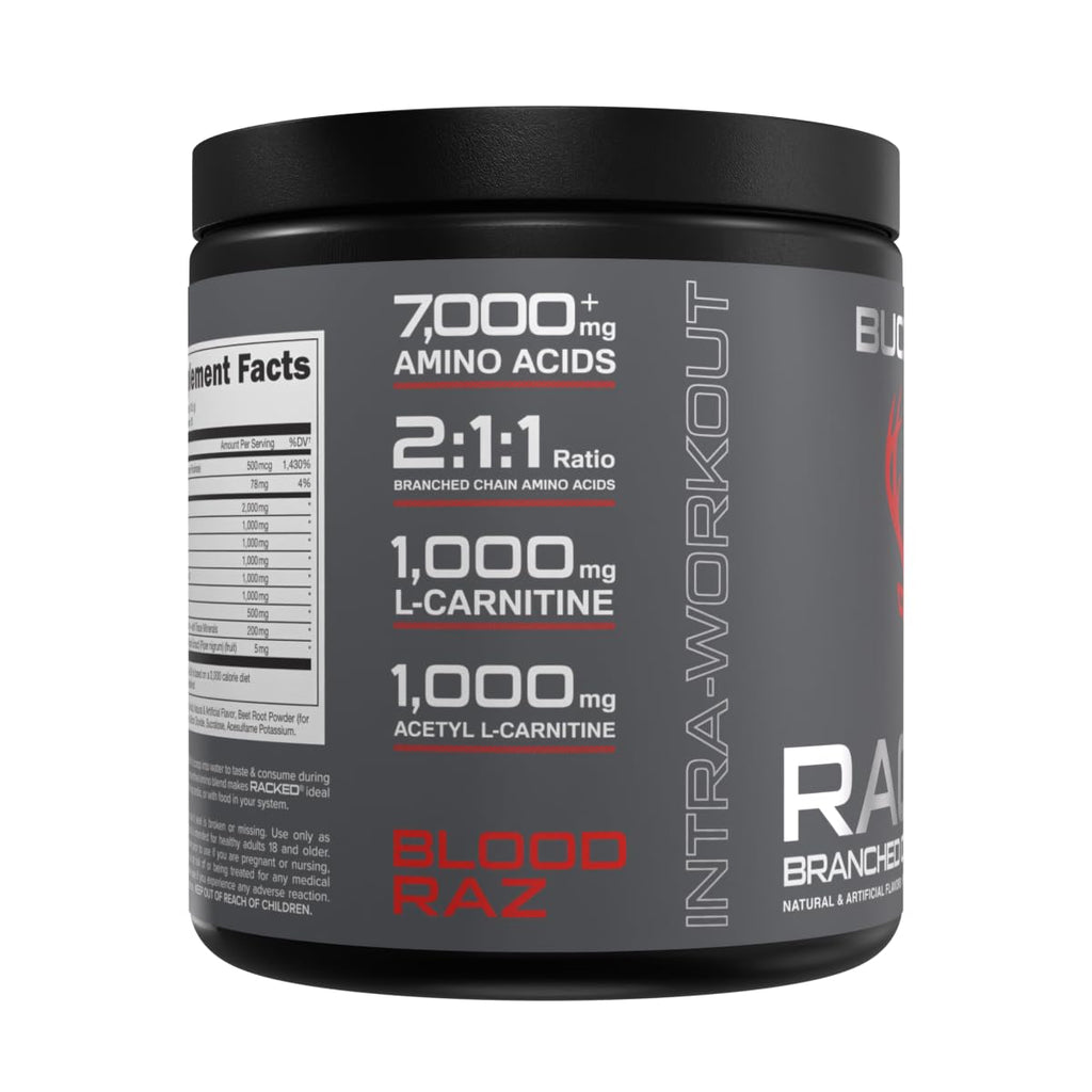 Bucked Up- BCAA RACKED™ Branch Chained Amino Acids | L-Carnitine, Acetyl L-Carnitine, GBB | Post Workout Recovery, Protein Synthesis, Lean Muscle BCAAs That You Can Feel! 30 Servings (Blood Raz)