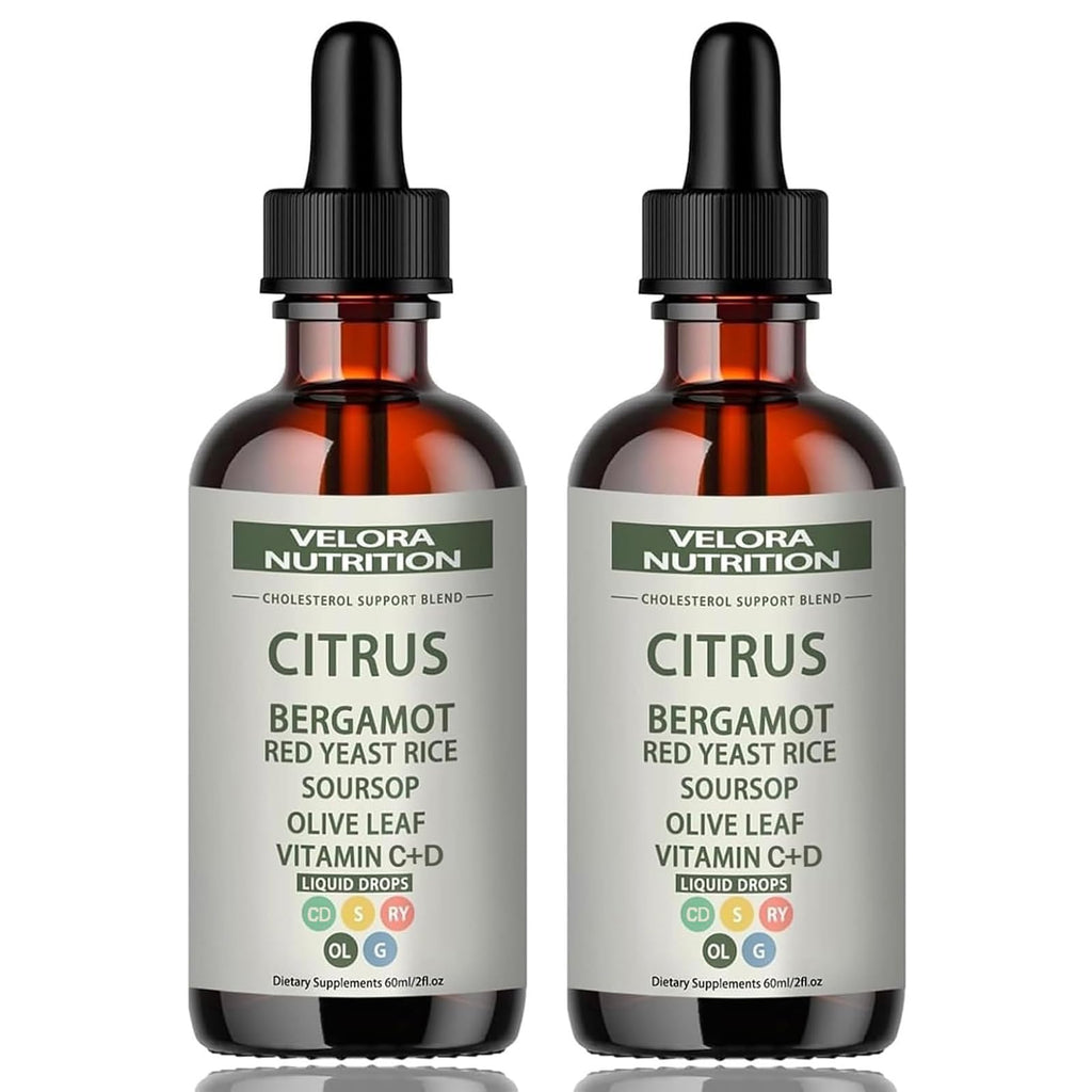 velora Red Yeast Rice Cholesterol Cleans Drops with Citrus, Bergamot, Red Yeast Rice, Soursop, Olive Leaf, Vitamin C+D, Natural, Non-GMO, Vegan 2 fl oz (2pcs)