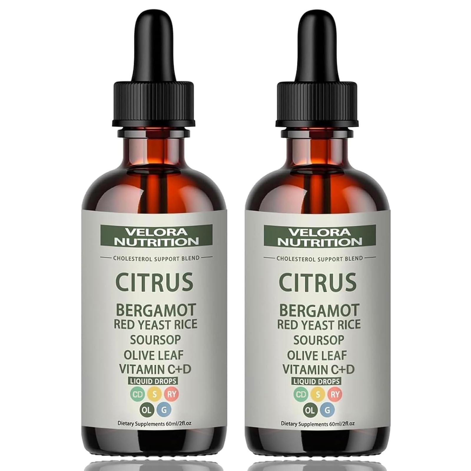 velora Red Yeast Rice Cholesterol Cleans Drops with Citrus, Bergamot, Red Yeast Rice, Soursop, Olive Leaf, Vitamin C+D, Natural, Non-GMO, Vegan 2 fl oz (2pcs)