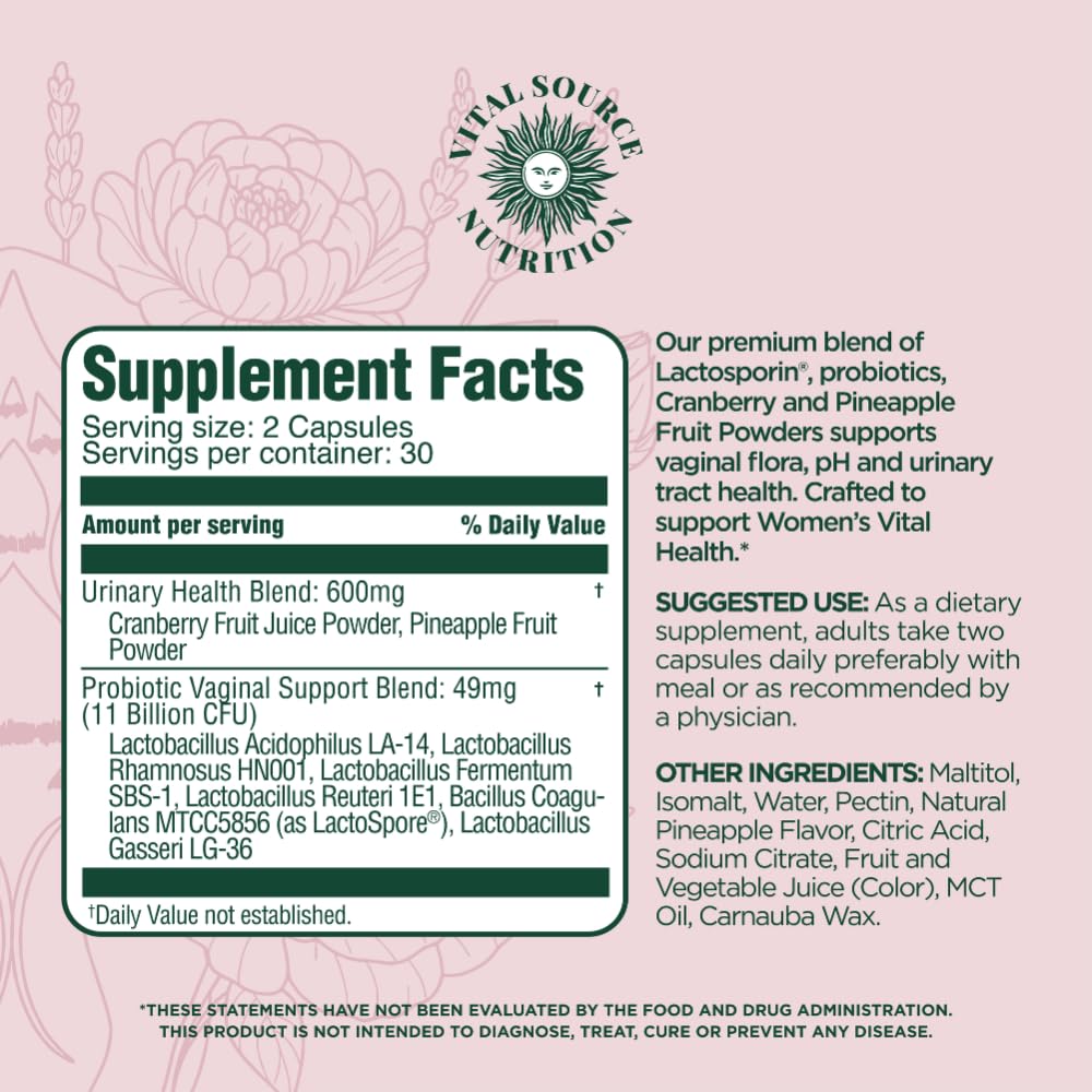 Vital Source Nutrition - Feminine Balance Capsules - Vaginal Wellness & pH Support - with LactoSpore, Cranberry + Pineapple Fruit Powder -Supports Urinary Wellness & Healthy Flora -30 Servings