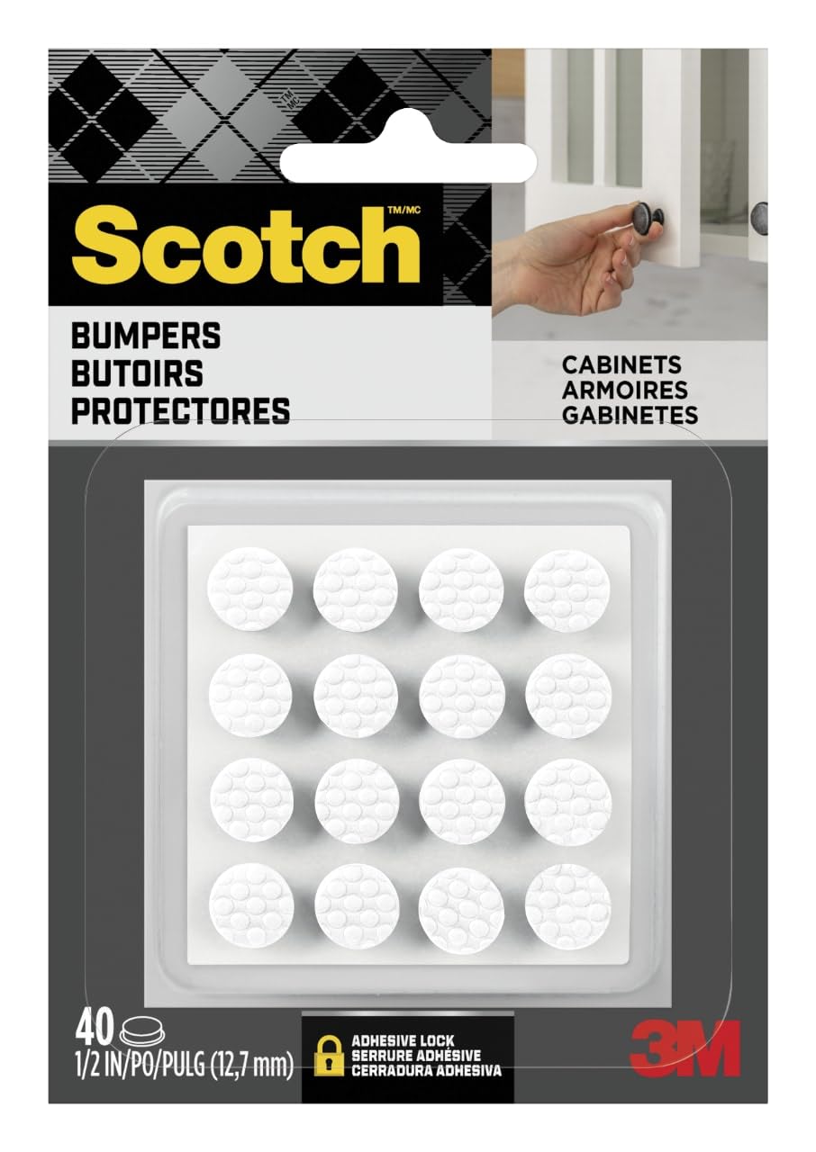Scotch White Adhesive Bumper Pads 40 PCS, Self-Stick Rubber Pads 3/8" Round, Cabinet Door Rubber Bumpers, Designed to Protect Cabinets and Drawers, Sound Dampening, White (BP959-40NA)
