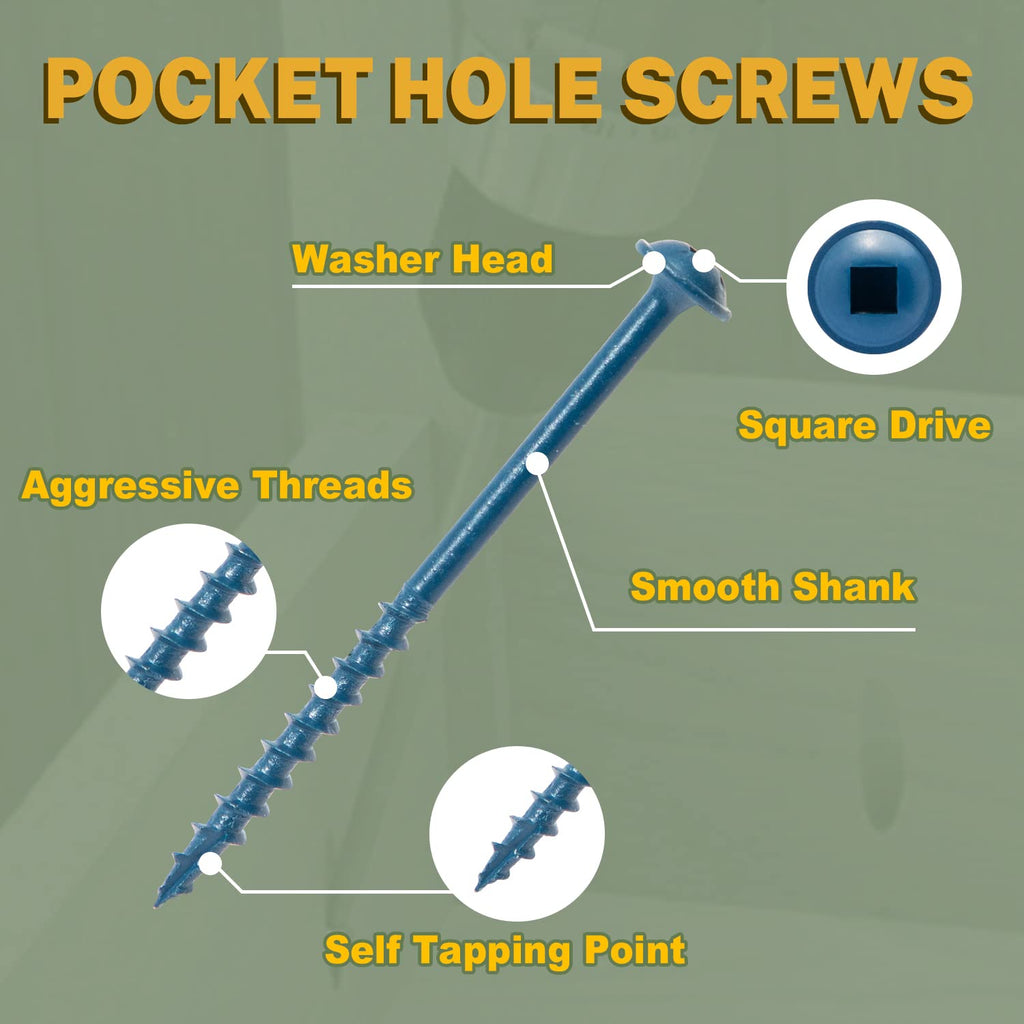 LIONMAX Pocket Hole Screws 2-1/2 Inch, 300 PCS Exterior Pocket Screw #8 x 2-1/2", Coarse Thread, Square Drive, Washer Head, Blue Coated Weather Resistant, 150MM Drive Bit Included