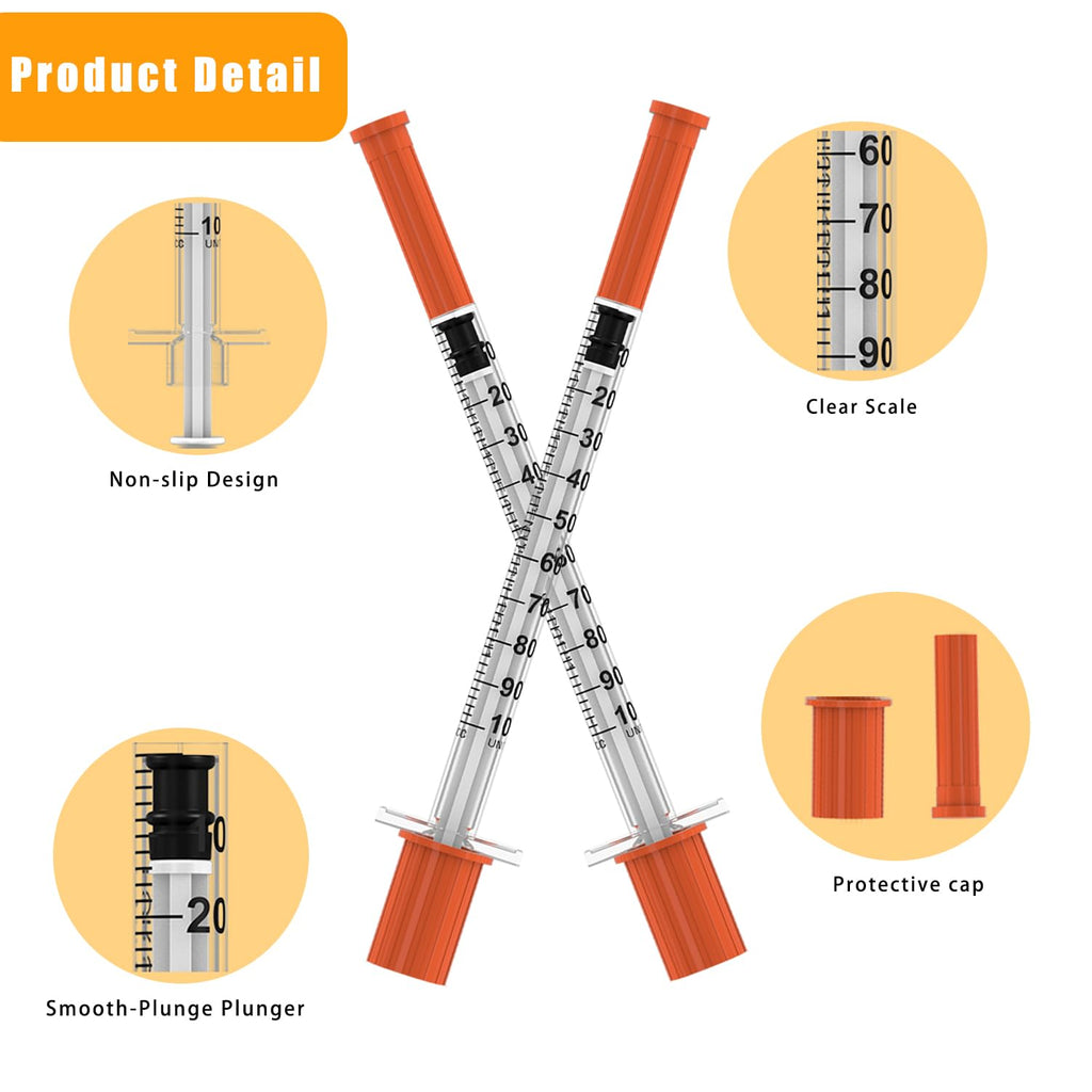 U-100 Disposable Syringes with Needle,1ml/cc,30G 5/16"(8mm) Needle,Individually Wrapped–50 Pack| Lab Supplies