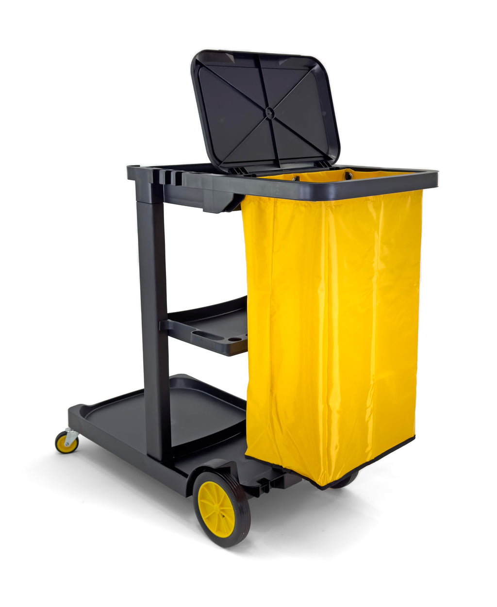 Compact Size Janitorial Cart | 3 Shelves | 25 Gallon Vinyl Bag with Cover | 450 LBS Capacity | Black