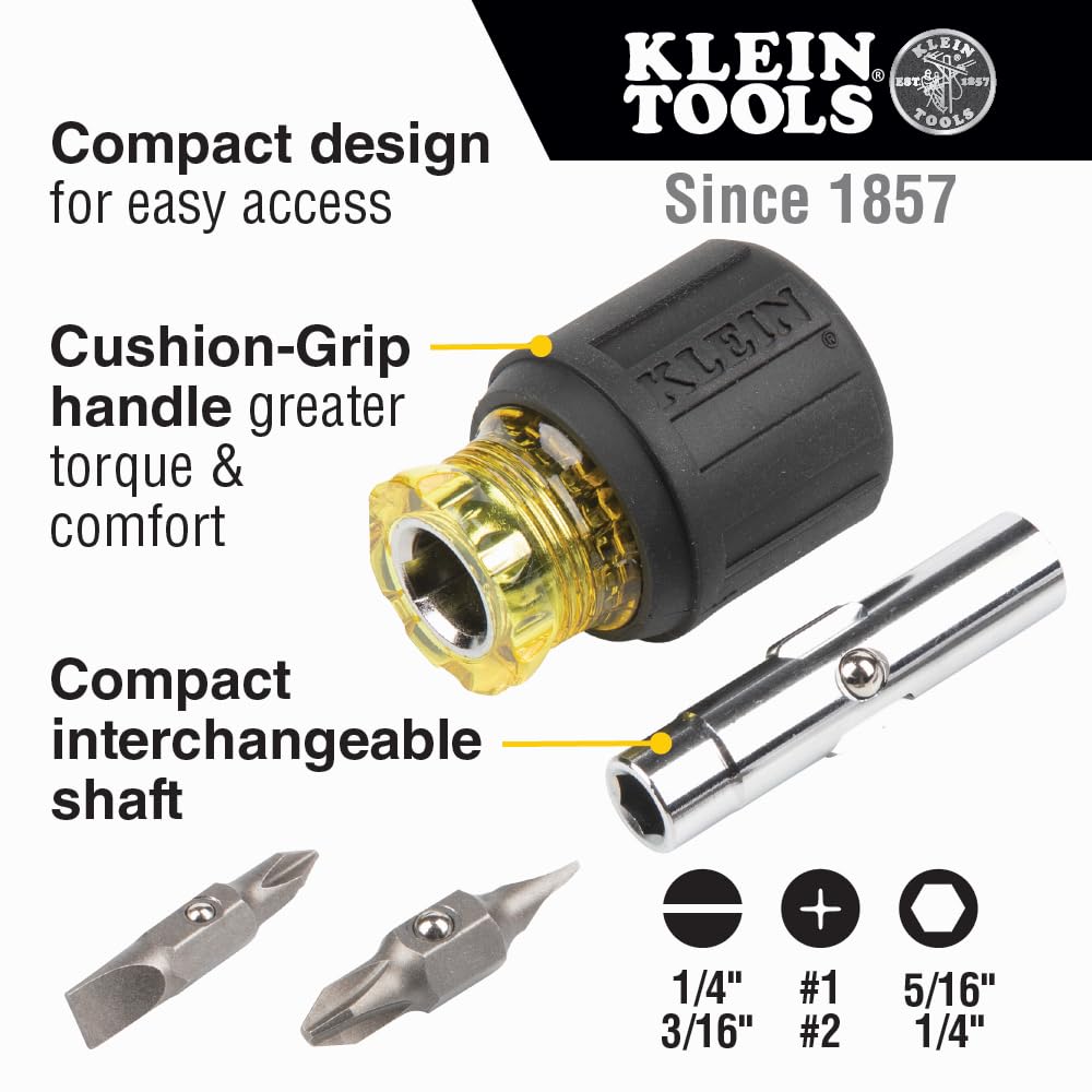 Klein Tools 80027 Screwdriver Set, 11-in-1 Multi-bit Screwdriver, 6-in-1 Stubby, Phillips, Slotted, Square, Torx Bits, 2-Piece