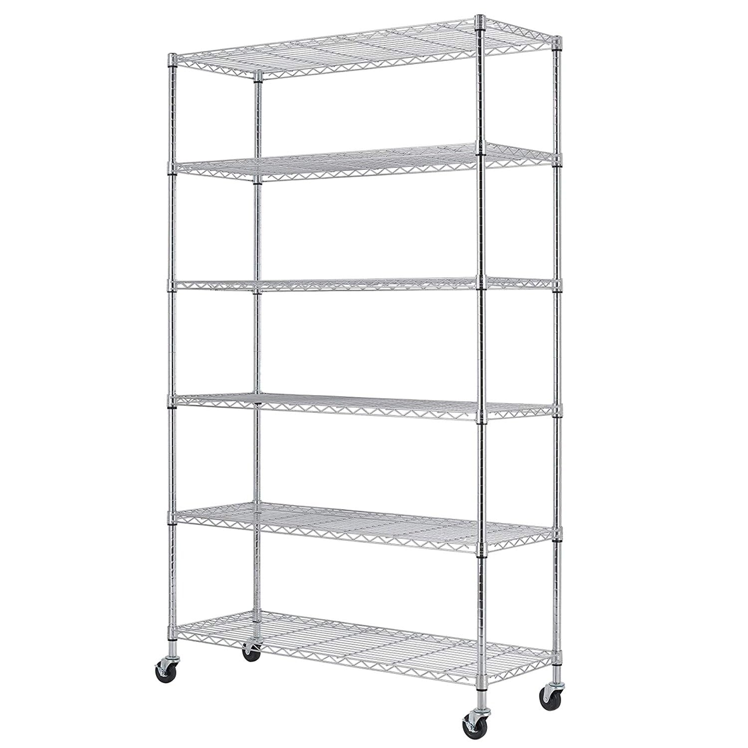 BestOffice | 6-Tier Wire Storage Shelves with Wheels | 18x45x82 | Chrome | Adjustable Racks | Heavy-Duty Metal Shelf, Holds Upto 2100 lbs | No-Tool Assembly | Ideal for Home & Garage Shelving