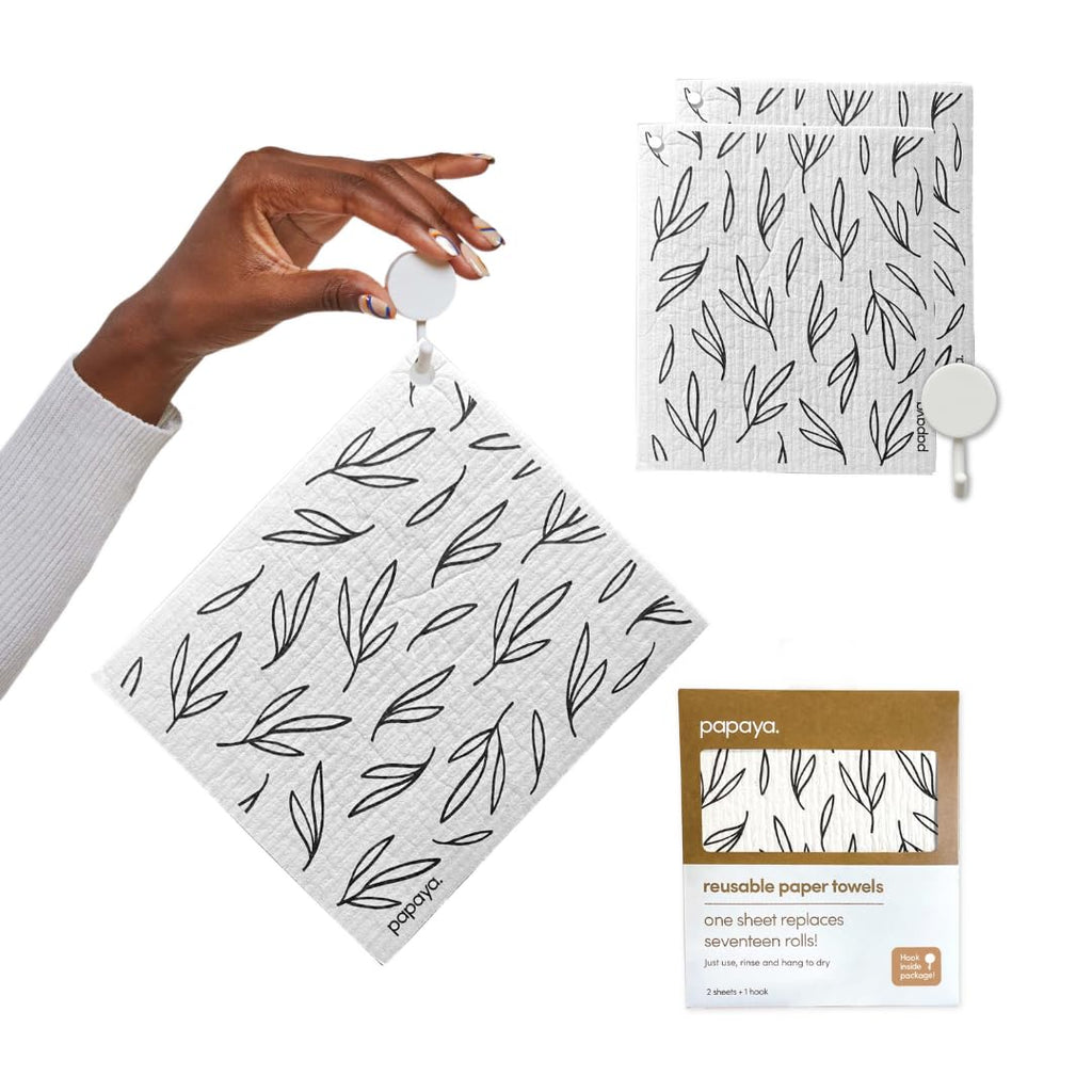 Papaya Reusable Paper Towels, Premium Swedish Dishcloths with Hook, Non-Scratch Reusable Paper Towel, 1 Sheet Replaces 17 Rolls - 2 Sheets, 1 Hook