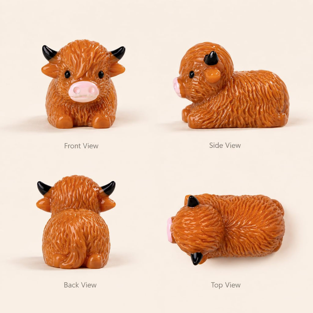 Teenzee 50 Pcs Mini Highland Cow Figurines Bulk Mini Cow Figurines Cake Decorations Cute Miniature Resin Sculpture Ornament Micro Landscape Office Garden Desk Party Tabletop Decor