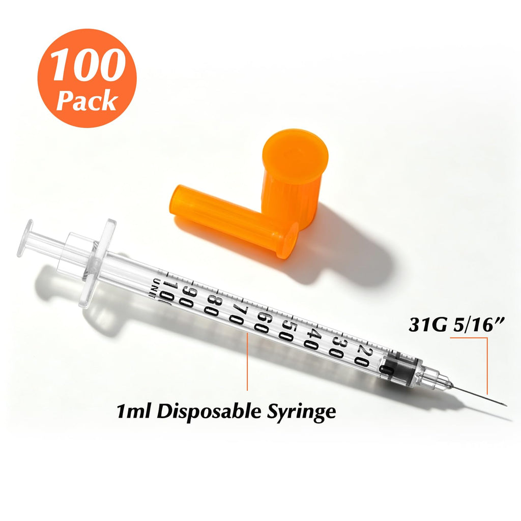 100 Pack 1 ml/cc 31 G 5/16 Inch Syringe, Individually Packed