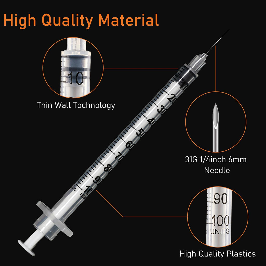 1ml Syringe with Cap, 31G 1/4" 6mm 1cc Syringes, Pack of 20