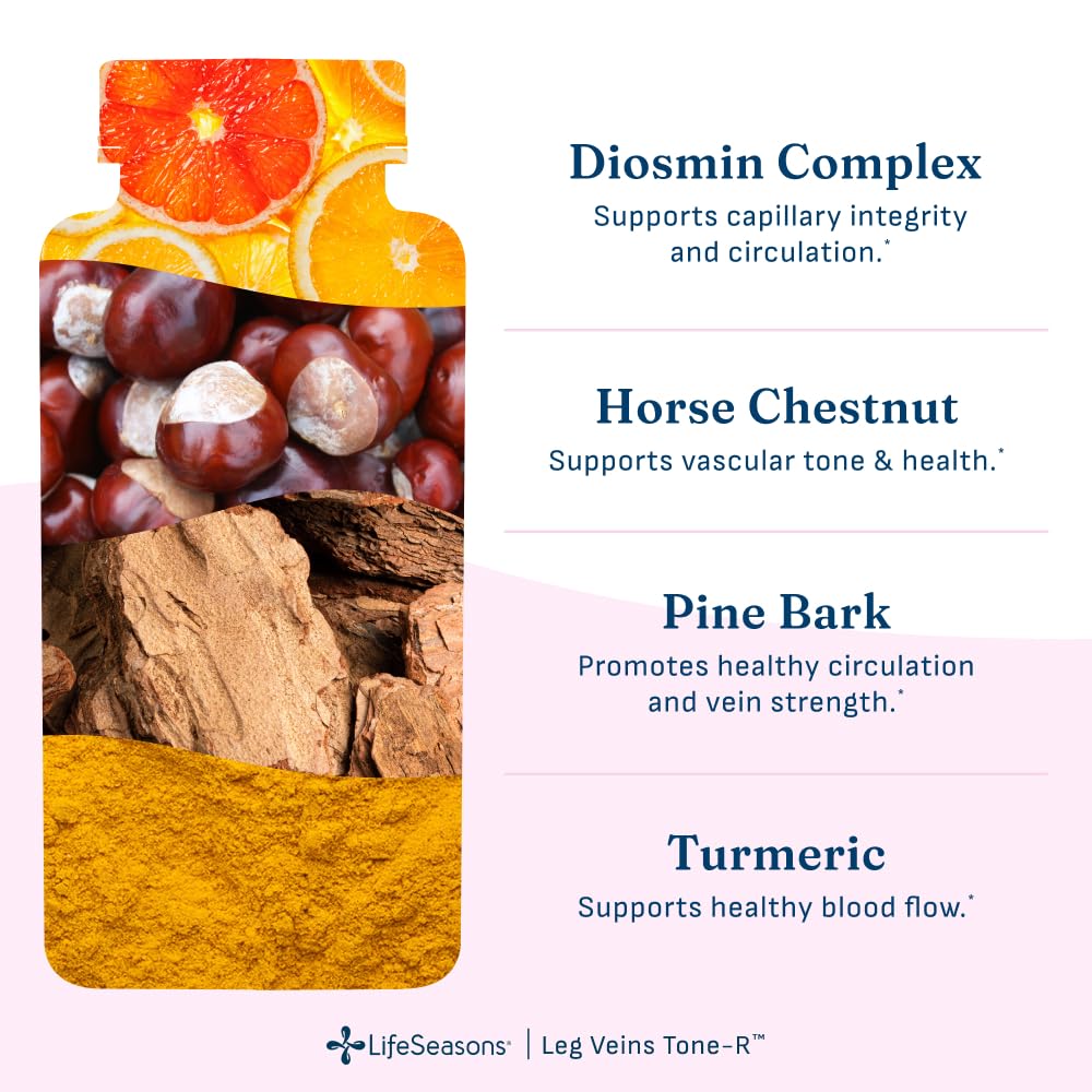 LifeSeasons Leg Veins Tone-R - Supports Vein Health & Circulation - Reduces Spider Veins, Restlessness & Heavy Legs - Enhances Vascular Strength - Diosmin, Horse Chestnut & Turmeric - 60 Capsules