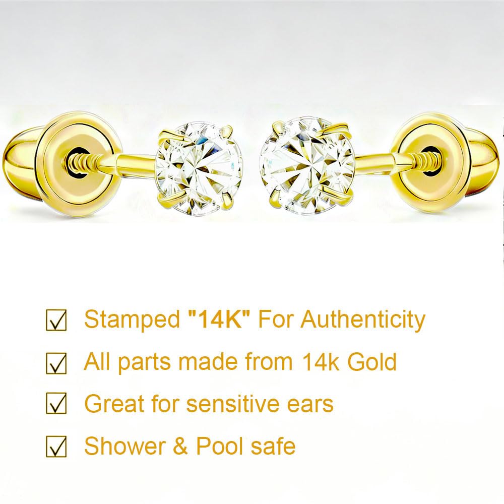 14K Gold Cubic Zirconia Stud Earrings,Secure Screw Back（Yellow Gold, 5mm）