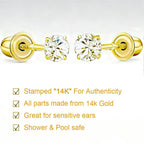 14K Gold Cubic Zirconia Stud Earrings,Secure Screw Back（Yellow Gold, 5mm）
