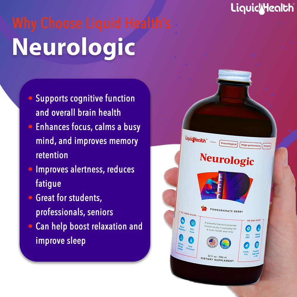 LIQUIDHEALTH Neurologic Focus Supplement - Brain Booster Nootropic Supplement for Cognitive Function, Memory & Focus with Ginkgo Biloba, Choline, L-Theanine & Phosphatidylserine - USA Made (2 Pack)