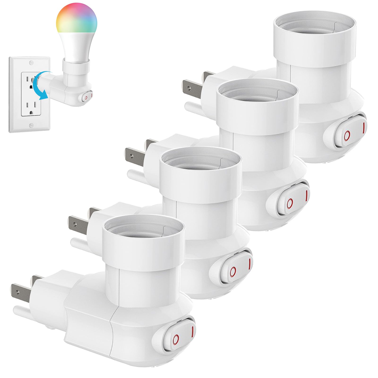 4 Pack Plug in Light Socket, 3-Prong Light Bulb Socket Adapter, 360° Rotatable Light Bulb Plug Adapter with Switch (ETL Listed, White)