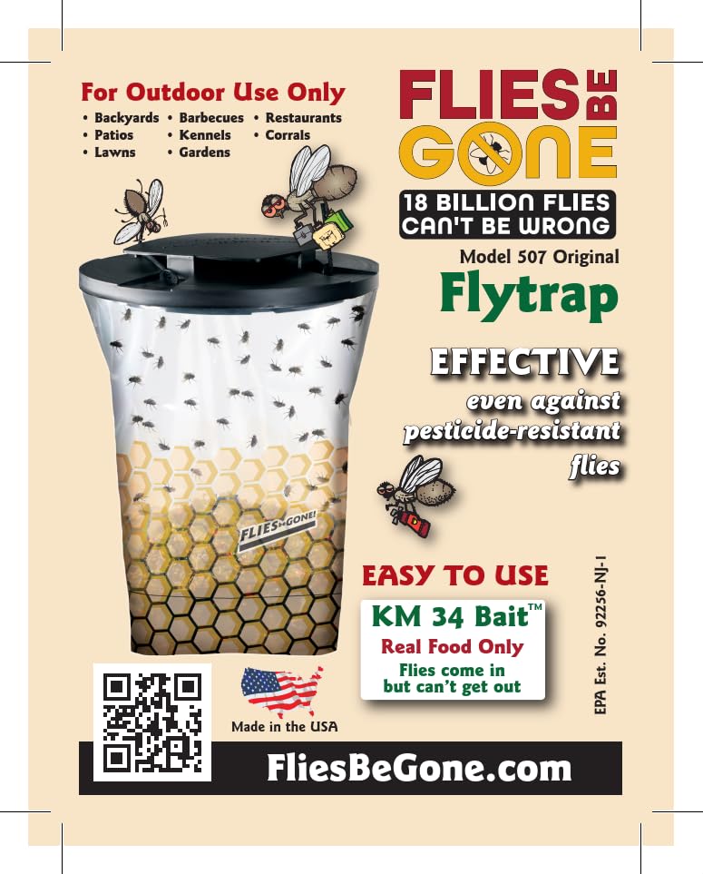 Flies Be Gone Outdoor Fly Trap - Disposable Protein-Powered Attractant Fly Catcher - Natural Attractant Trap for Patios, Ranches. Easy to Use Outdoor Traps, Helps Manage Fly Populations Outdoors