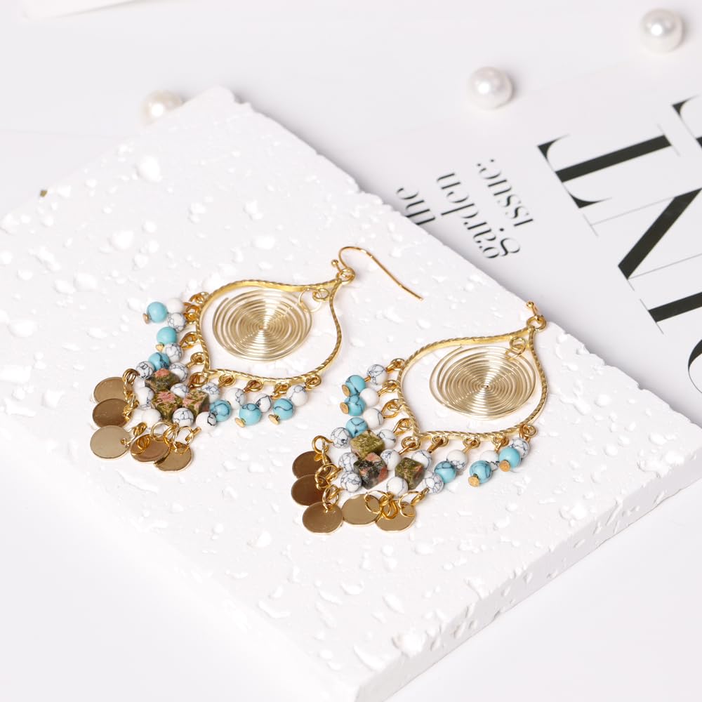 Tan Ran Bohemian Long Tassel Turquoise Water Drop Dangle Earrings
